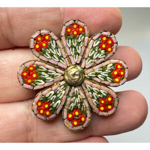 Vintage Micro Mosaic Glass 8 Petal Flower Brooch Pin Pink Red Italy Stunning